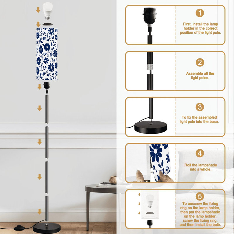 Lampe sur pied bleu marine à motif floral élégant blanc rétro unique à intensité variable moderne avec télécommande et pédale abat-jour abat-jour grand lampadaire pour salon chambre bureau