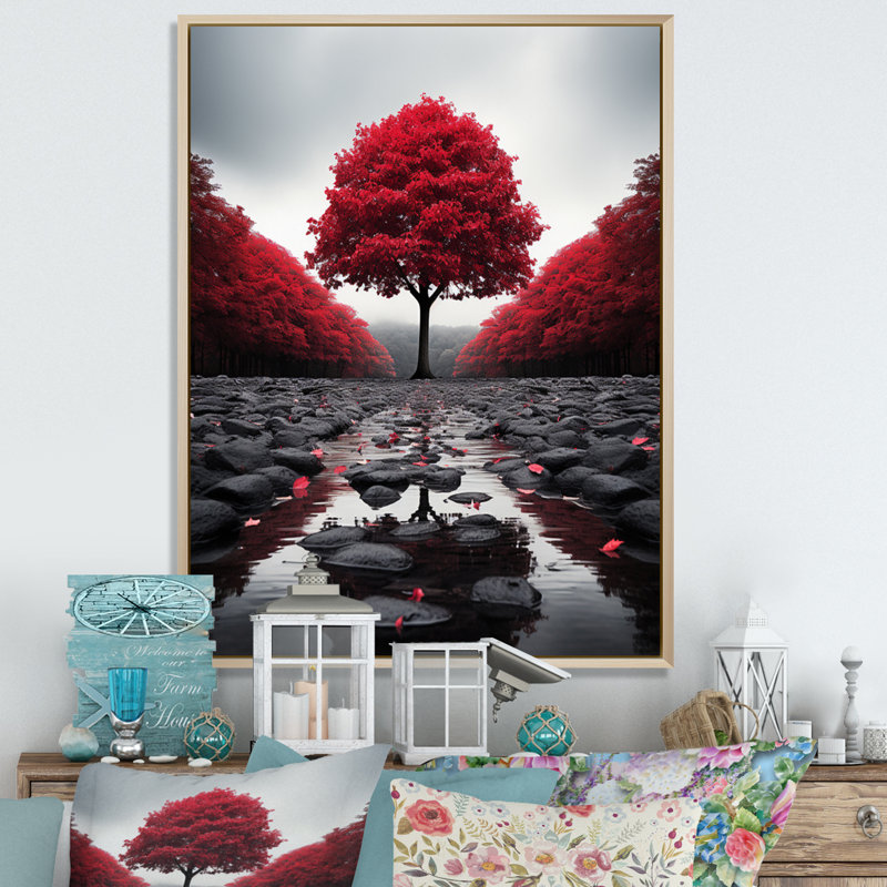 Rouge et gris forêt sérénité - art mural forêt, H 20 po x l 12 po x P 1 po, Cadre flottant érable