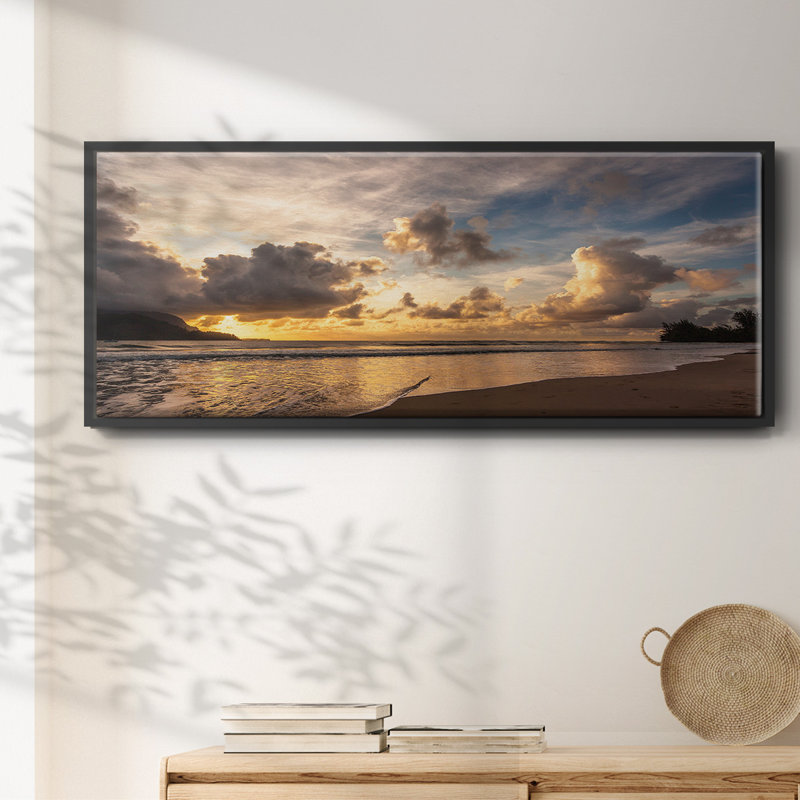 Coucher de soleil dans la baie de Hanalei, peinture sur toile, H 20 po x l 50 po, Noir