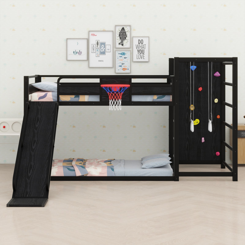 Lit mezzanine / lit superposé multifonctionnel en métal avec glissière, cerceau, anneaux et tablettes