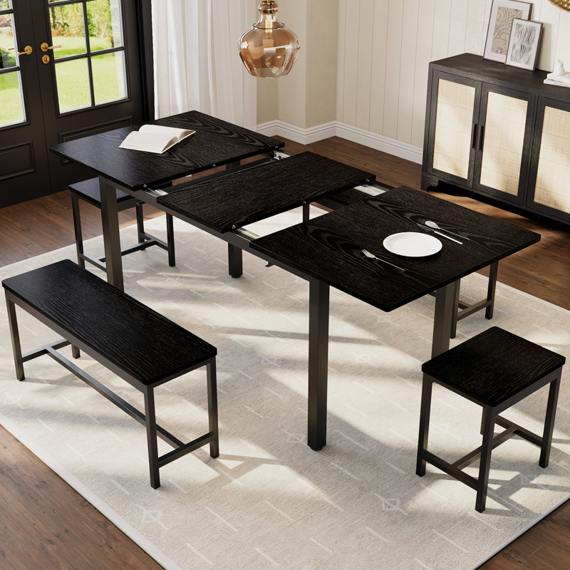 5-Piece Extendable Dining Table Set for 4-8 People, 63 Inch Kitchen Table with 2 Benches & 2 Stools, Space Saving Modern Dining Room Furniture, Easy Assembly Metal Frame - Black