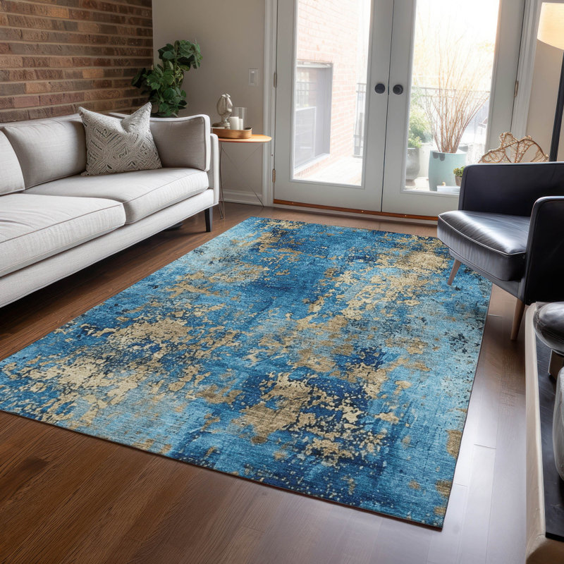 Machine Washable Indoor/Outdoor Xhevrie Blue Rug, Rectangle 10' x 14'