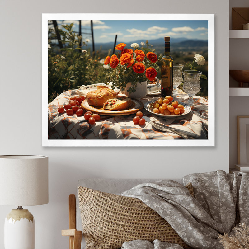 «Joyful Gathering Picnics for Two», reproduction sur toile, Cadre simple blanc, H 34 po x l 44 po x P 1,5 po
