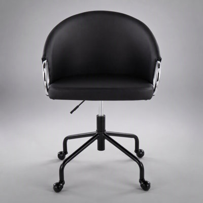 Chaise de bureau contemporaine pivotante, réglable en hauteur et à hauteur ajustable, en similicuir noir avec détails en métal argenté.