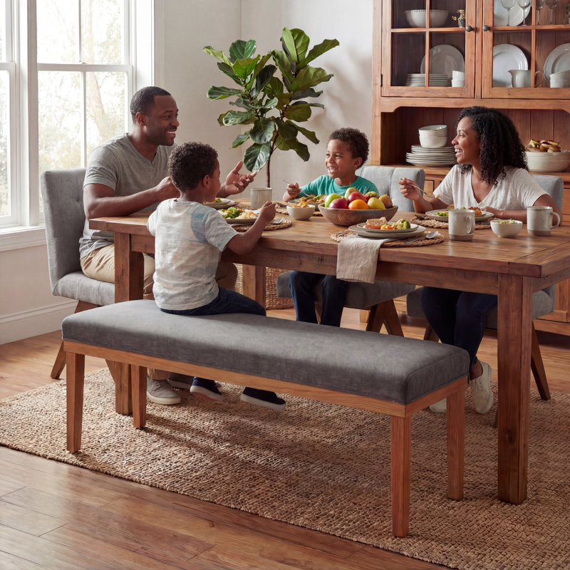 Banc de chaises de salle à manger moderne de 53 po, siège rembourré en tissu avec structure en bois massif pour table de cuisine, coin-repas et café, gris