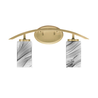 Kurve 2 Light Bath Bar Shown In New Age Brass Finish With 3.5" Square Onyx Swirl Glass
