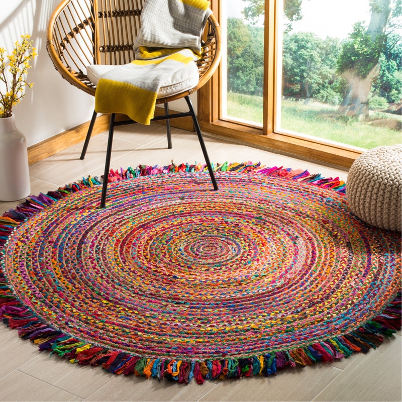 Tapis ivoire / rouge en coton tissé à la main Abhay, Rond 6 pi