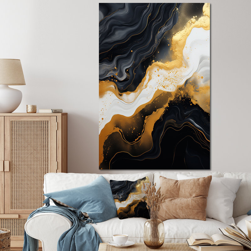 Or et marbre noir Essence I - décoration murale en marbre, Toile tendue, H 60 po x l 40 po