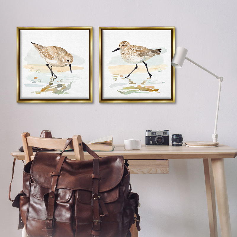 «Sea Birds on Shore», ensemble de 2 toiles flottantes encadrées par Victoria Barnes, Cadre flottant métallique doré