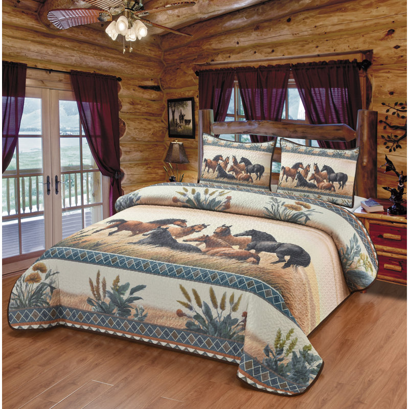 Ensemble de courtepointe Wild Horse Prairie King avec 2 taies décoratives, Courtepointe très grand et 2 très grandes taies 