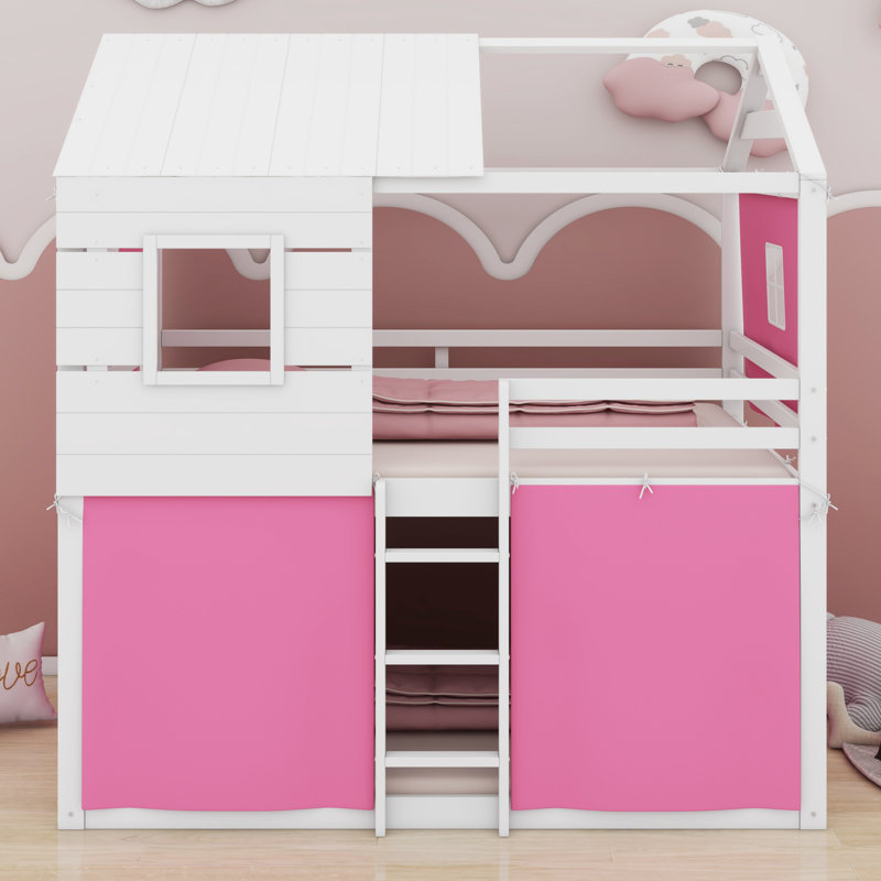Structure de lit en bois avec fenêtres élégantes, garde-corps et tente, Lit superposé double sur double, Rose/Blanc