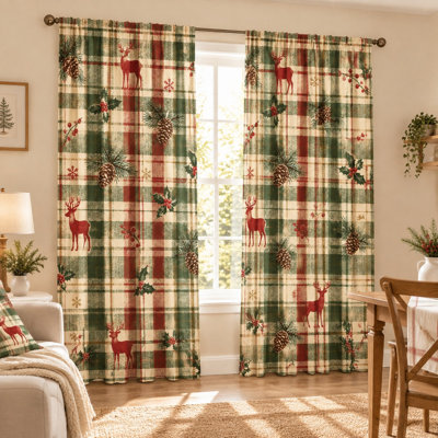 2Pcs Plaid Reindeer Pinecone Holly Curtains, Rustic Vintage Farmhouse French Country Curtain For Living Room Bedroom Kitchen Rod Pocket Window Drapes