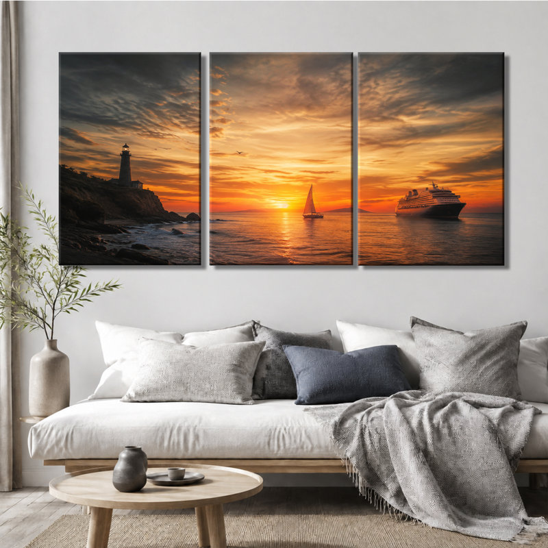 3 panneaux muraux, bateau de croisières, coucher de soleil, coucher de soleil, impression sur toile pour salon