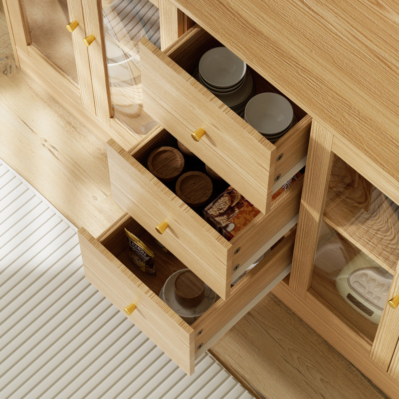 Large Kitchen Hutch Cabinet, Storage Cupboard Pantry With 4 Glass Doors, 4 Drawers & Microwave Shelf, Natural