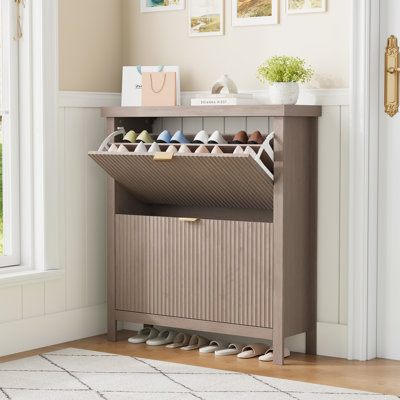 Meuble à chaussures moderne cannelé avec 2 tiroirs rabattables, console de rangement étroite pour entrée avec tablette supérieure, gris