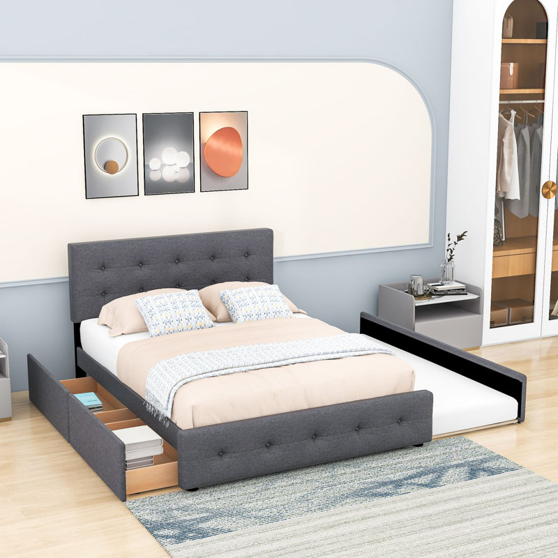 Vangelica Queen 2 Drawers Upholstered Platform Bed with Twin XL Size Trundle, Dark Gray