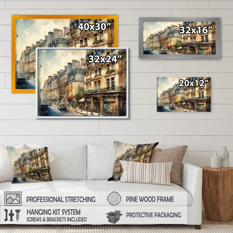 Aquarelle de Paris, France II sur toile, Cadre simple noir, H 12 po x l 20 po x P 1 po