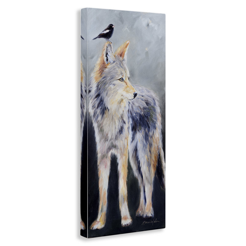 Forêt sauvage, coyote et oiseau noir perché - impression d'art graphique, H 40 po x l 17 po