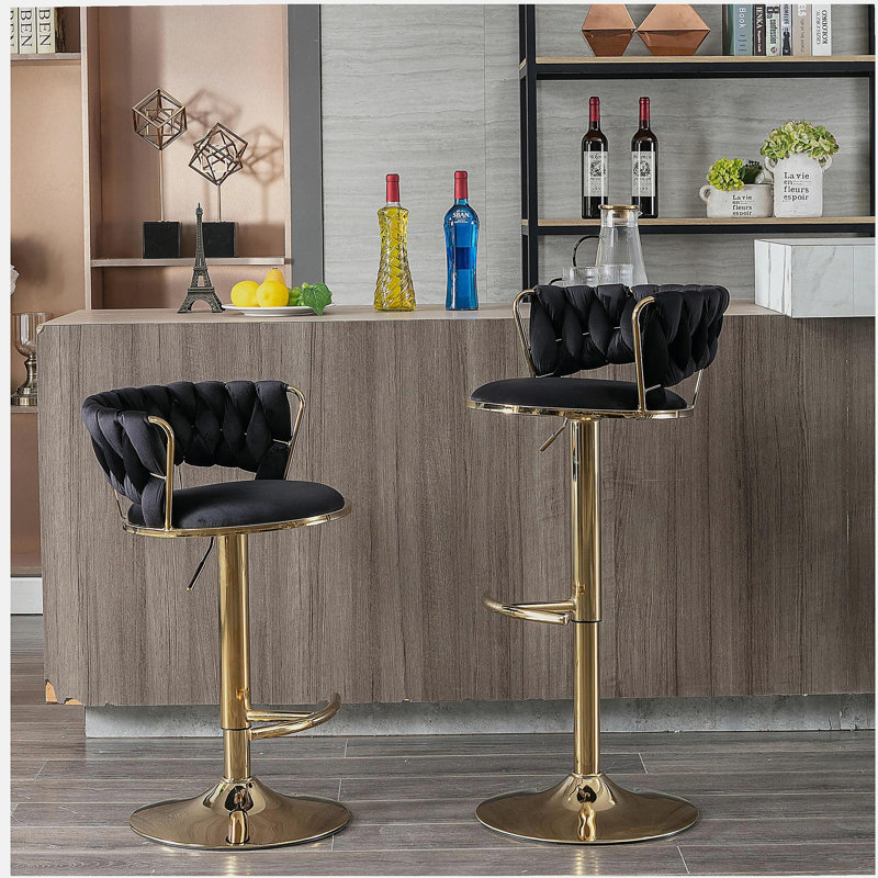 Ensemble de 2 pièces repose-pieds chromé et base réglable en cuir de velours avec tabouret de bar simple et pieds dorés - noir