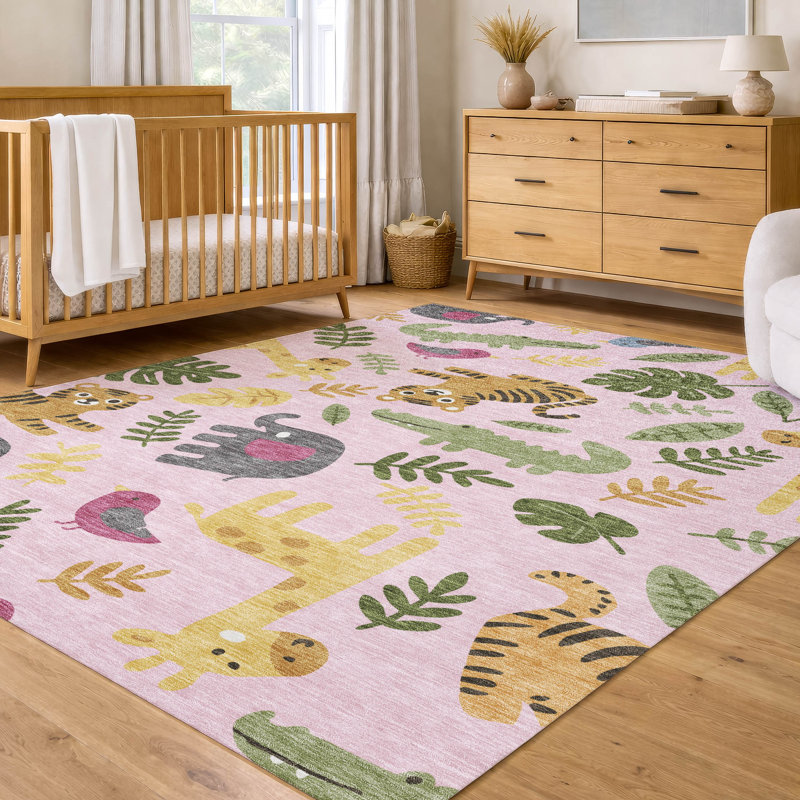 Machine Washable Indoor/Outdoor Chantille ACN2578 Kids Rug, Pink, 9' x 12'