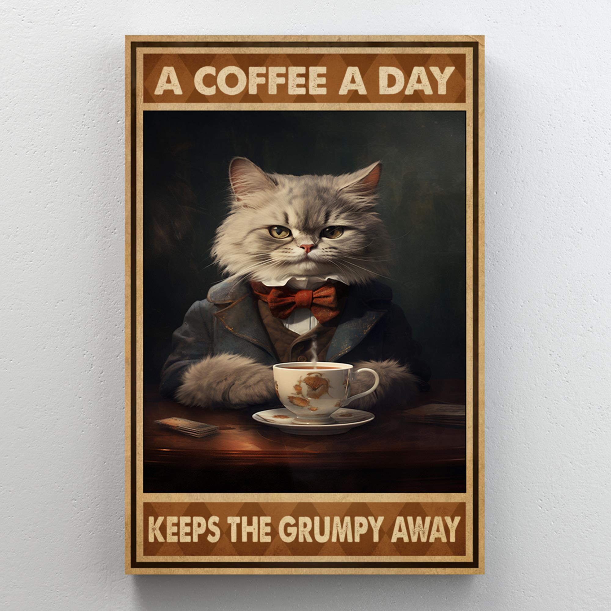 Tuxedo Cat Drink Coffee and Know Things - Wrapped Canvas Textual Art Trinx Size: 14 H x 11 W x 1.25 D