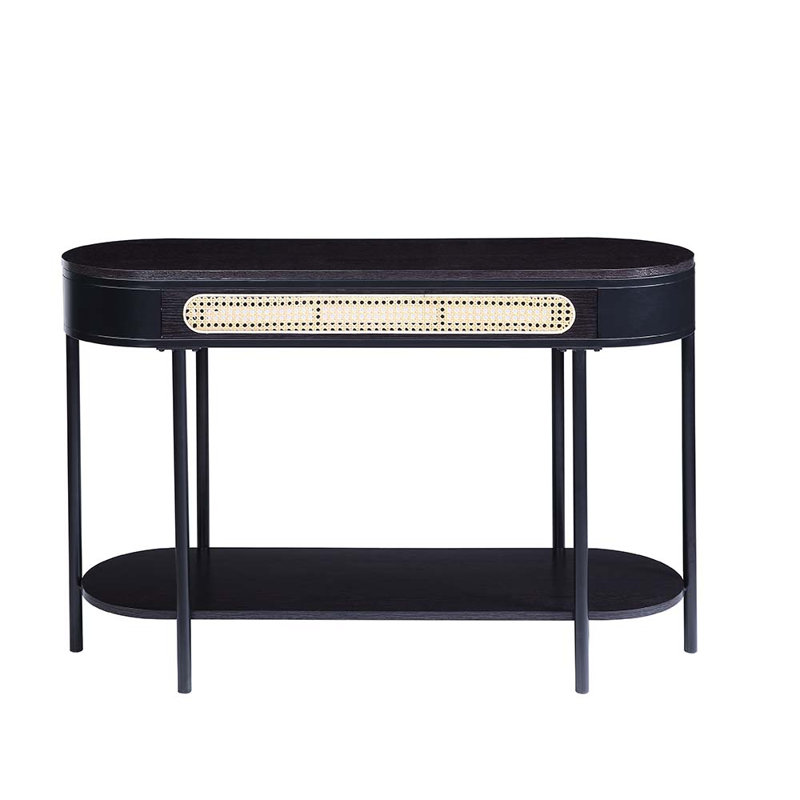 Bhargavi Oval Transitional Sofa Table with Wood Top and Black Metal Legs