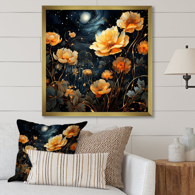 Nuit étoilée fleur de souci 1 - souci, art mural, White Picture Framed, 30" H x 30" W