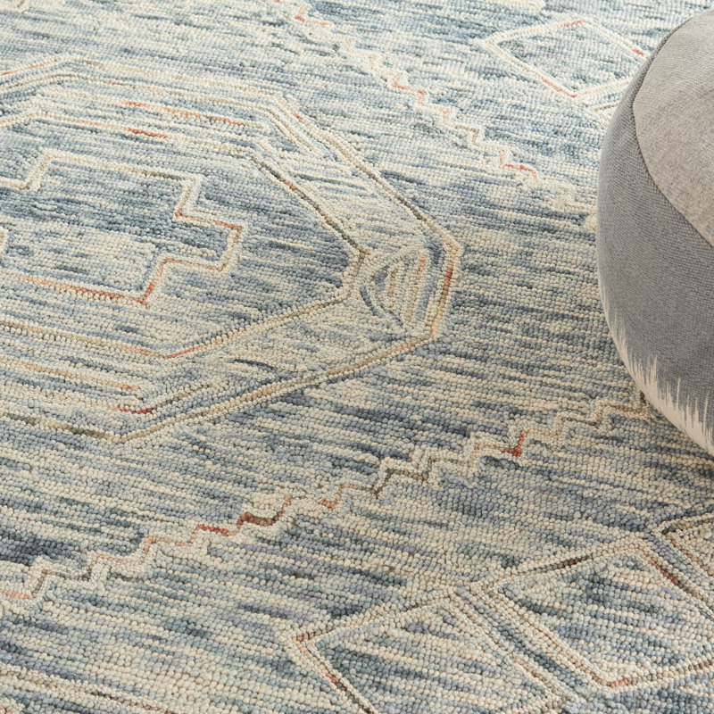 Tapis bleu / beige en laine touffeté à motif abstrait, Rectangle 5 pi x 7 pi 6 po