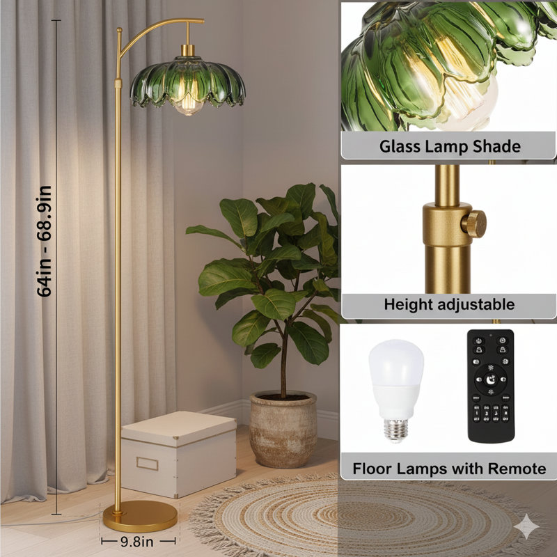Glass Floor Lamp For Living Room,Bedroom,Gold Dimmable Standing Lamp With Remote,Mid Century Modern Brass Tall Lamp Boho Vintage Retro Floor Lamps Arc Green Flower Floor Light Lamp Bohemian