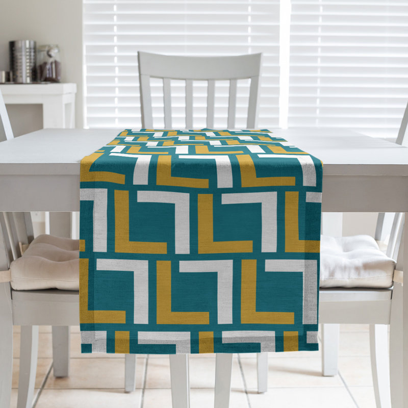 Chemin de table Carolina, 90 po x 16 po, Coton, Bleu sarcelle / or / blanc
