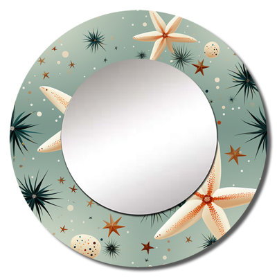 Coastal Starfish Stroll Beige Pattern - Coastal Large Mirror, Beige Round Decorative Wall Mirror, Printed Metal Art