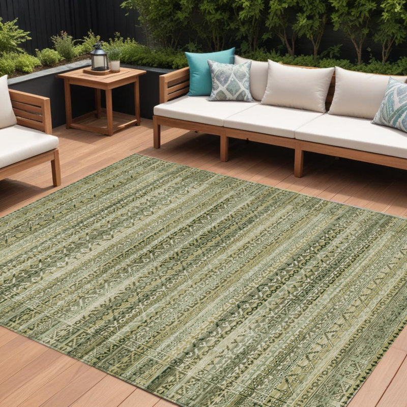 Tapis extérieur lavable rayé vert et beige 9 pi x 12 pi