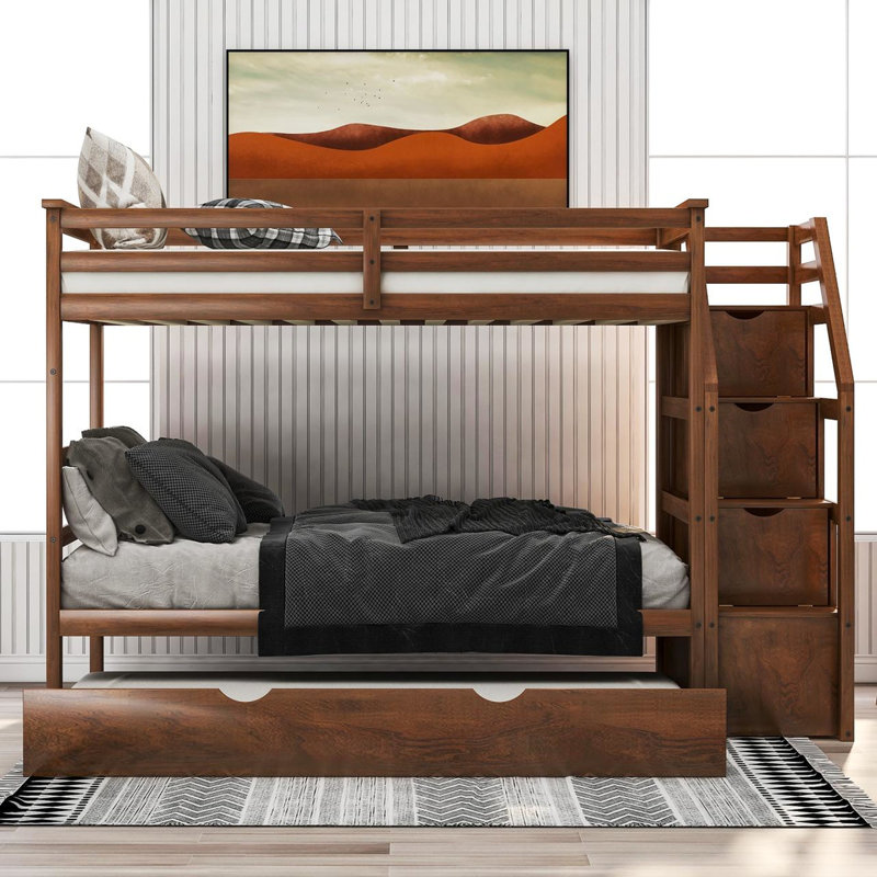 Andrzejewski Kids Twin Over Twin Bunk Bed with Trundle with Drawers, Walnut
