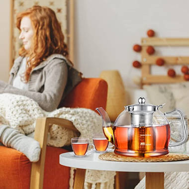 Khelen Tea Set – 1200ml Glass Teapot with Removable Stainless Steel Infuser, and 4 Glass Teacups, Stovetop Safe Tea Kettle Gift Set, Blooming and Loos