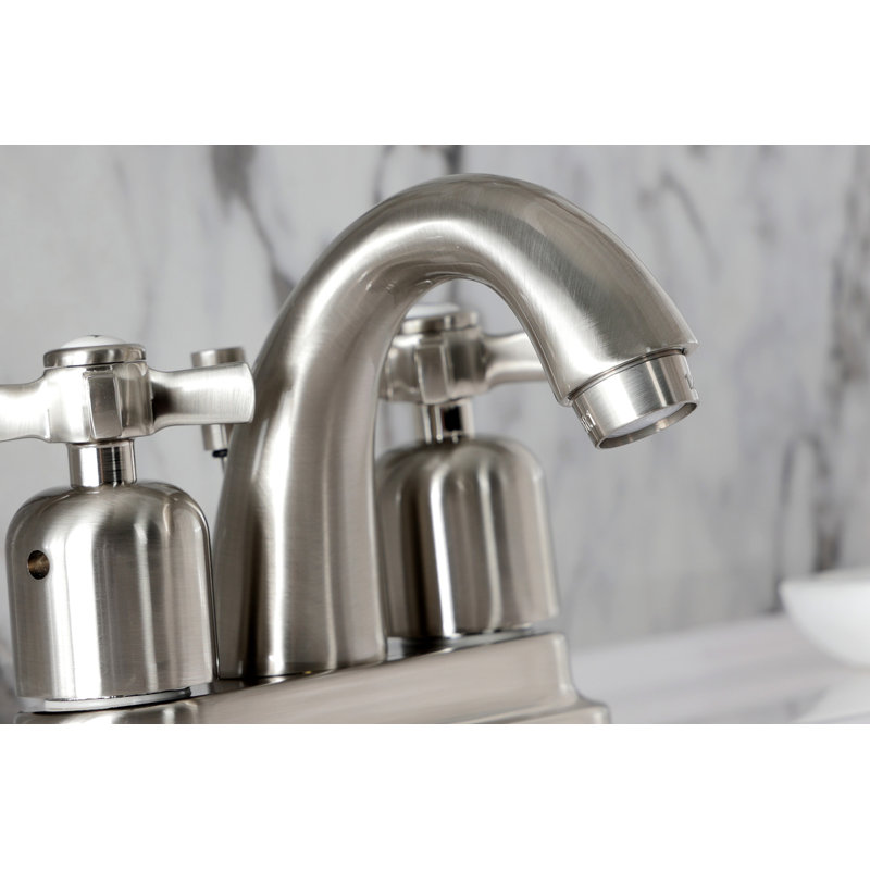 Kingston Brass Millennium Two-Handle 3-Hole Deck Mount 4" Centerset Bathroom Faucet with Plastic Pop-Up, Brushed Nickel