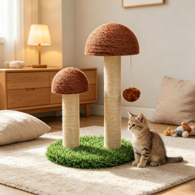 Grattoir en forme de champignon avec jouet suspendu en sisal, H 17,72 po x l 11,81 po x P 11,81 po, Brun