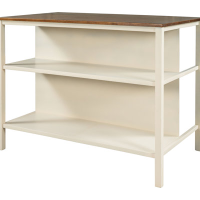 Rectangular Kitchen Island With Open Shelf Feature - Walnut+Cream White Solid Rubberwood For Cooking