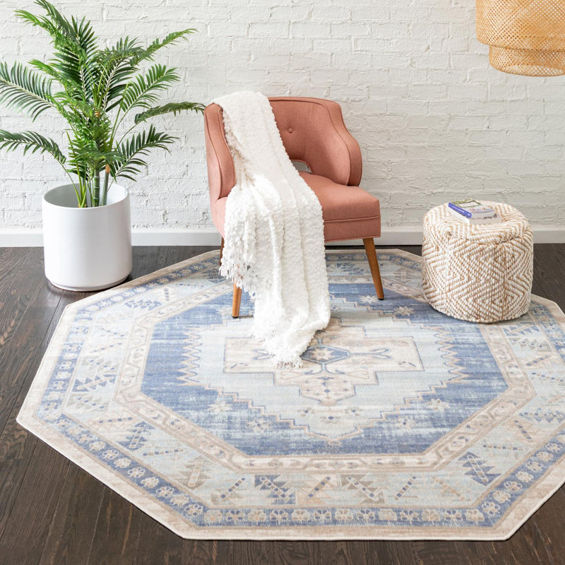 Parchette Oriental Sky Blue Area Rug, Octagon 7'10" x 7'10"