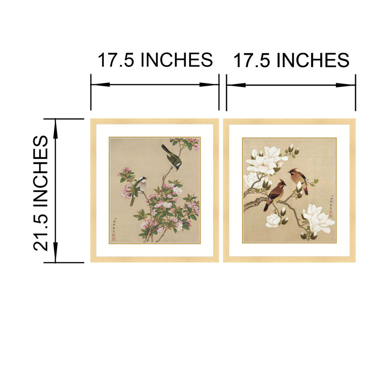 Oiseaux parmi les branches en fleurs de Yu Zhi - ensemble de 2 reproductions de cadres photo simples, H 21,5 po x l 35 po