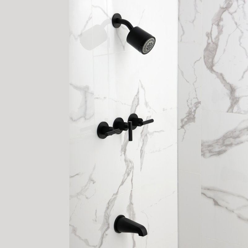 Kingston Brass Convergent Triple-Handle Tub and Shower Faucet with Knurled Handle, Matte Black