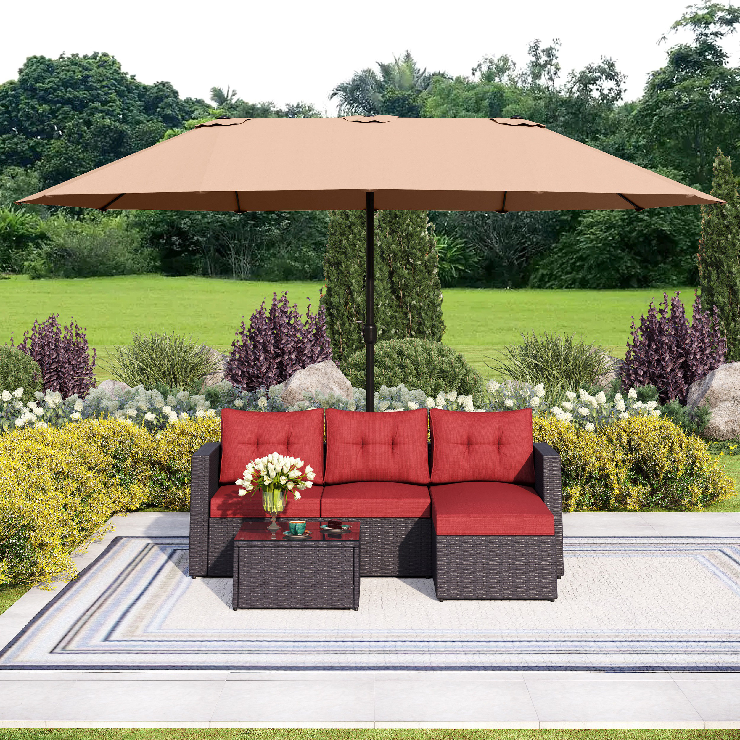 Alyah Polyethylene PE Wicker 4 Person Seating Group With Cushions Patio Umbrella