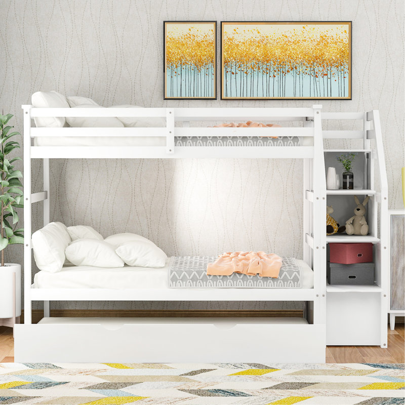 Lit superposé blanc Twintwin avec lit gigogne et 3 escaliers de rangement - Améliore la capacité de la chambre à coucher