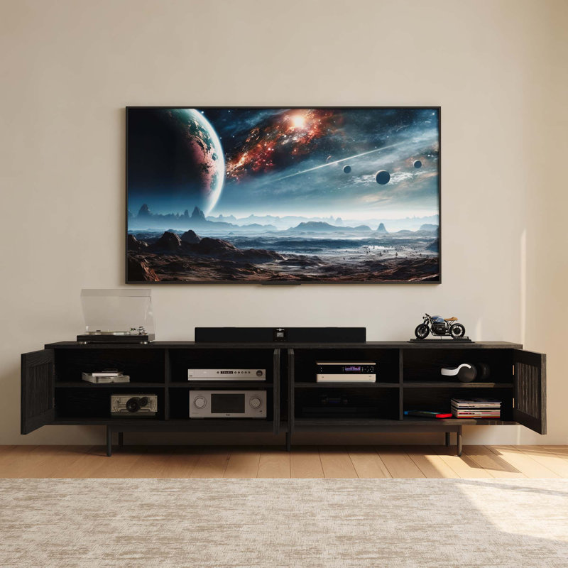 Meuble télé Aeolus Mid-Century moderne, pré-assemblé, H 21,26 po x L 94,48 po x l 18,89 po, Noir