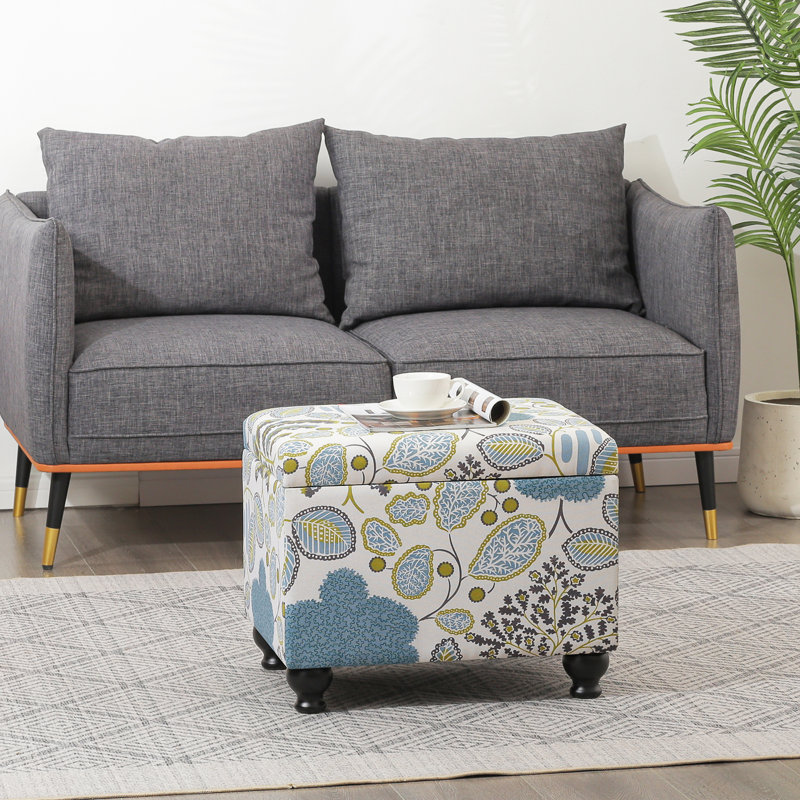Linen Storage Ottoman With Turned Legs, Cream