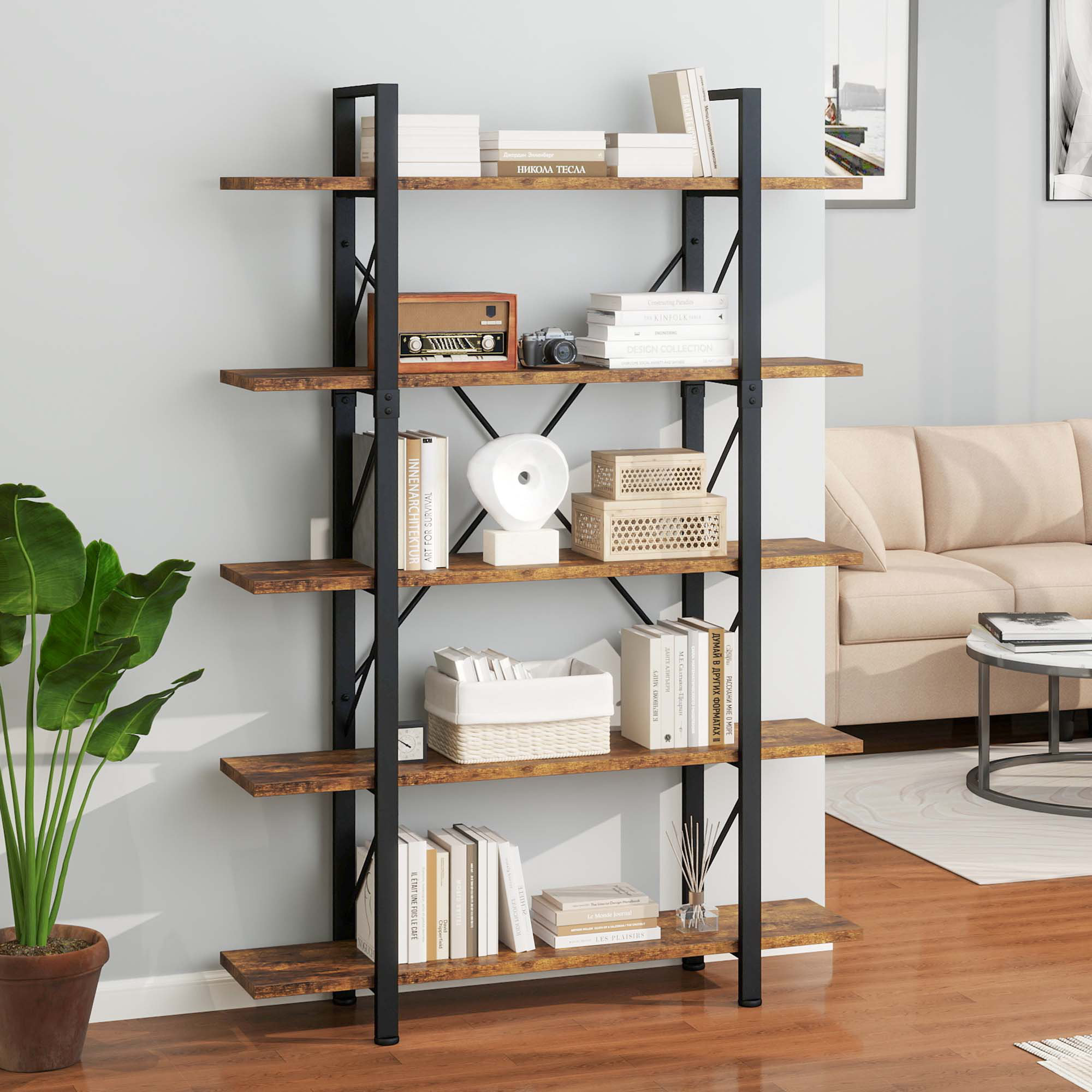 17 Stories Kazys 71"H x 47"W 5-Tier Wood Etagere Bookcase | Wayfair