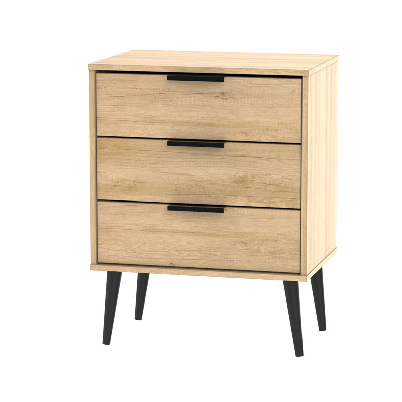 Fully Assembled Euart 3 Drawer Chest, Oak/Black