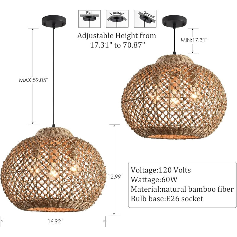 Boho Rattan Pendant Light With 3-Light Hand Woven Wicker Design, Natural Seagrass Chandelier For Dining Room, Living Room, Bedroom, Kitchen, And Farmhouse Decor