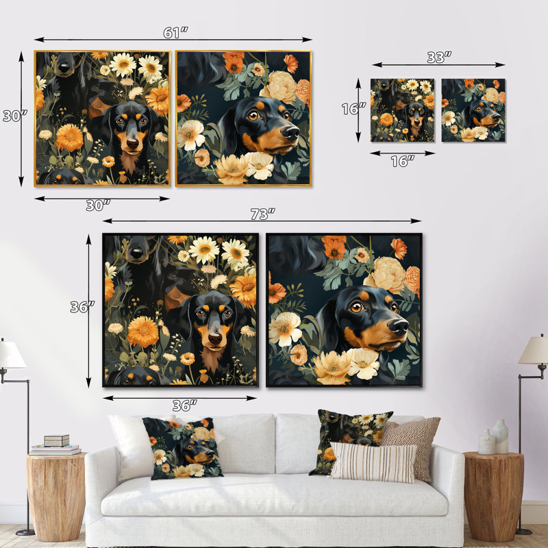 Daschund Dog - animaux, ensemble de 2 collages carrés, Cadre flottant noir, H 16 po x l 33 po