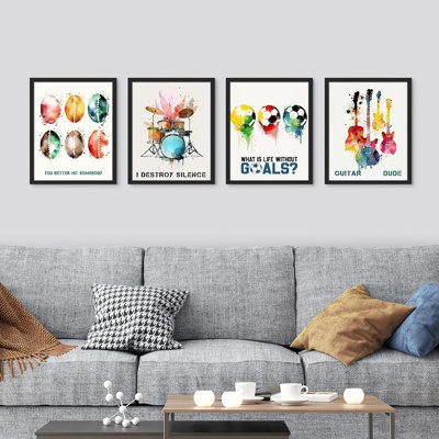 " Watercolor Soccer Football Guitar Drums " 4 - Pieces