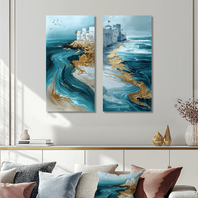 Ensemble de 2 pièces d'art marocain, turquoise et doré, plage d'Essouira I, Toile tendue, H 28 po x l 24 po
